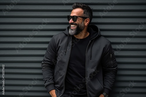 Portrait of a smiling bearded man wearing a black jacket and sunglasses standing against a gray wall