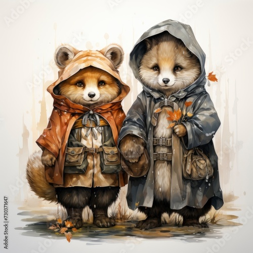 autumn seasons, fairy tale concept. Cute and funny animals in raincoats cartoon on white background