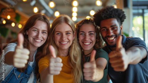 a group of colleagues showcasing thumbs up gestures in a casual and stylish setting