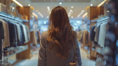woman shopping in mall, browsing through a high-end fashion boutique
