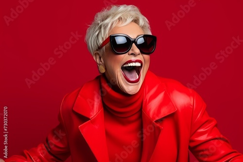 Fashionable senior woman in red jacket and sunglasses over red background.