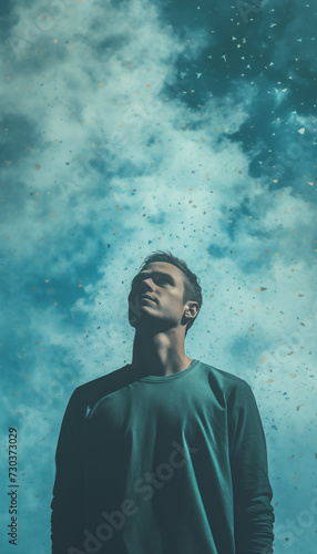 Grunge illustration of young man looking up to the sky