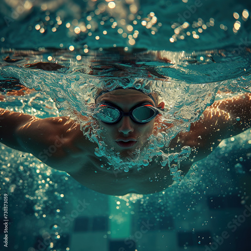 Competitive swimmer mid-stroke, dynamic water ripples