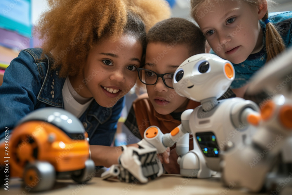 Elementary school coding: Teacher demonstrating mechanical robot ...