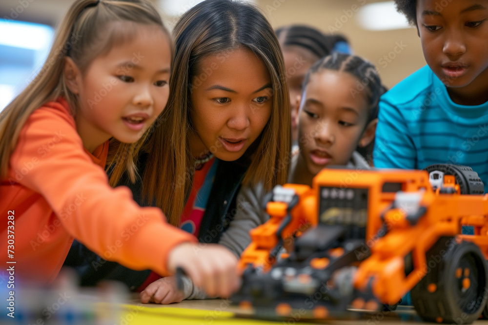 Elementary school coding: Teacher demonstrating mechanical robot ...
