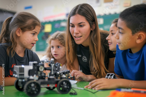 Elementary school coding: Teacher demonstrating mechanical robot programming to engaged young students during classroom STEM activity