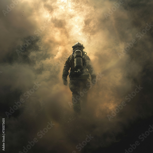 Lone firefighter emerging from smoke and ash, epic portrayal of bravery