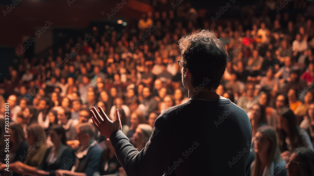 Speaker talking at a conference in front of a big crowd Speaker talking at a conference in front of a big crowd