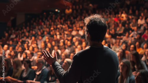 Speaker talking at a conference in front of a big crowd