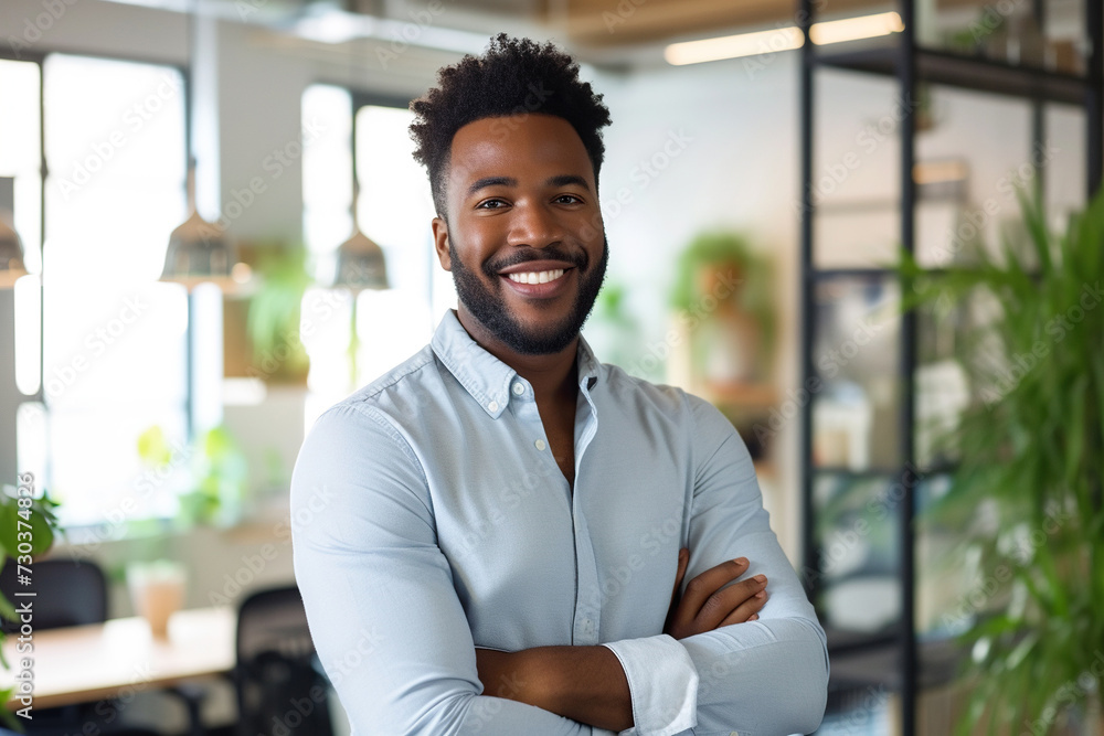 Fototapeta premium Confident African American professional in office environment smiling at camera