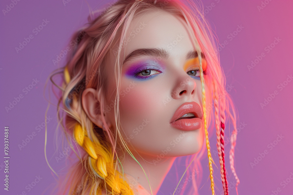 Confident blond woman with purple background, stylish two tone braids and colorful makeup