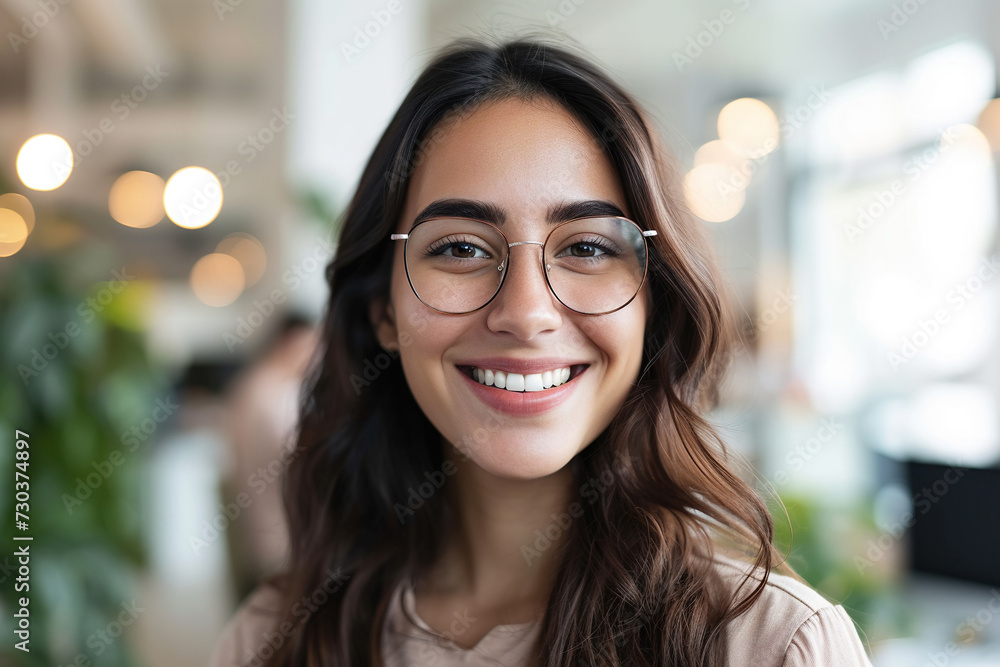 Confident Latin professional in office environment smiling at camera Confident Latin professional in office environment smiling at camera
