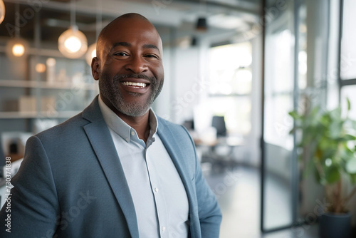 Confident African American professional in office environment smiling at camera