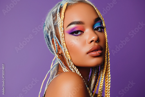 Confident blond African American woman with purple background, stylish two tone braids and colorful makeup