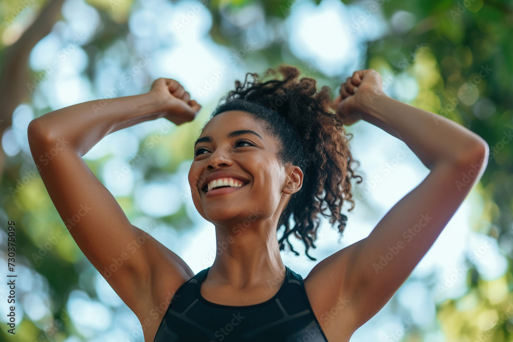 African American Female runner resting after a jog outdoors African American Female runner resting after a jog outdoors