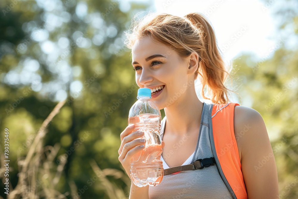 Happy sportswoman taking a water break outdoors Happy sportswoman taking a water break outdoors