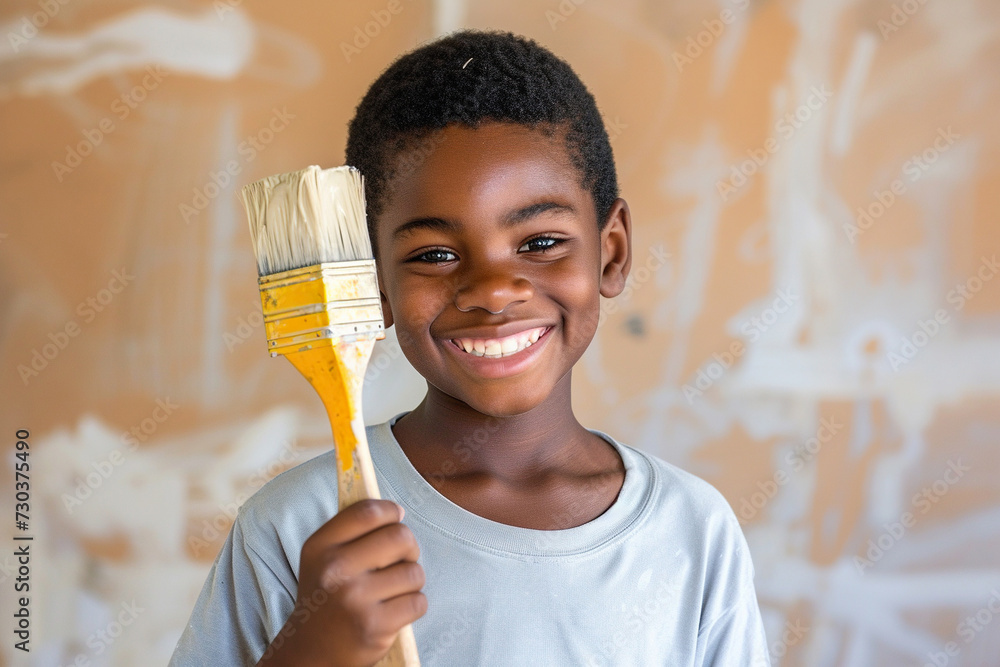 Happy young African American boy confidently holding a painting brush during home renovation Happy young African American boy confidently holding a painting brush during home renovation