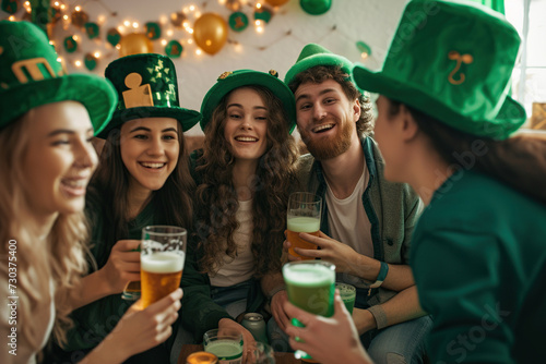 Happy smiling young people friends men and women in funny green clothes and hats having party and dancing having fun in the living room at home celebrating Saint Patrick's Day together
