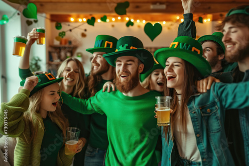 Happy smiling young people friends men and women in funny green clothes and hats having party and dancing having fun in the living room at home celebrating Saint Patrick's Day together