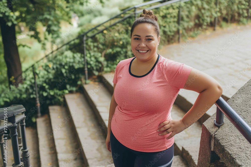 Happy young overweight woman having active fitness workout outside. Fat chubby plump lady in sports clothes standing on stone staircase in beautiful city park, doing lateral bend exercise and smiling