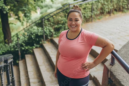 Happy young overweight woman having active fitness workout outside. Fat chubby plump lady in sports clothes standing on stone staircase in beautiful city park, doing lateral bend exercise and smiling © wolfhound911
