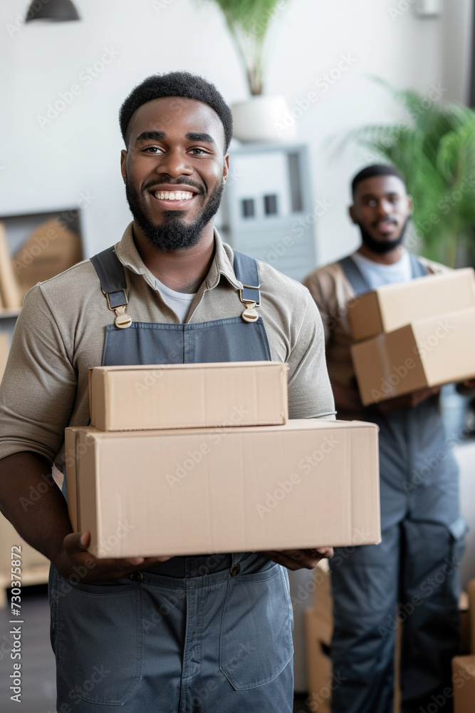 Portrait of a two African American young male happy smiling employee of moving service in overall standing in the living room of new house holding cardboard boxes in hands Portrait of a two African American young male happy smiling employee of moving service in overall standing in the living room of new house holding cardboard boxes in hands