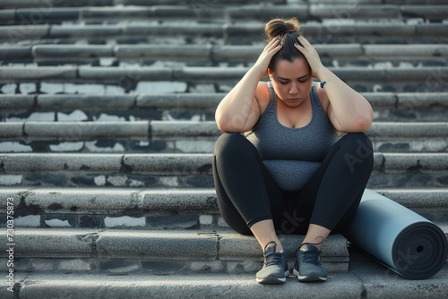 Overweight woman tired after workout. Fat chubby girl in sportswear with fitness mat sits down on stone steps outside gym, holds her head, feels sad and exhausted. Sport, fatigue, frustration concept