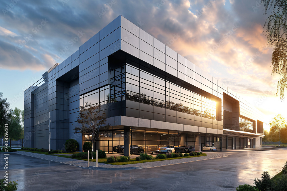 Obraz premium Commercial Building Fascia Logo And Signage Mockup The Exterior Wall Of A Contemporary Commercial Style Building With Aluminium Metal Composite Panels And Glass Windows For Logo And Sign Board Mockup 