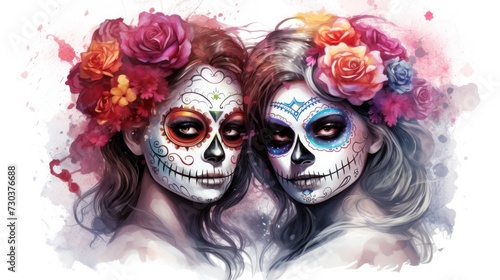 Dark fantasy in every stroke-illustrated portrait of two girls with sugar skull makeup, a celebration of Mardi Gras in gothic style.