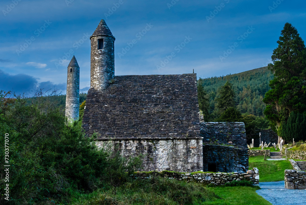 Round Tower and St. Kevin's kitchen in the Glendalough monastic site 