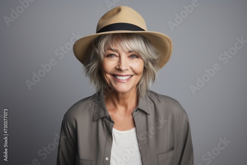 Mature woman wearing hat. Portrait of happy mature woman in hat.