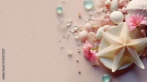Sea shore background with beautiful sells, fishstars and stones photo