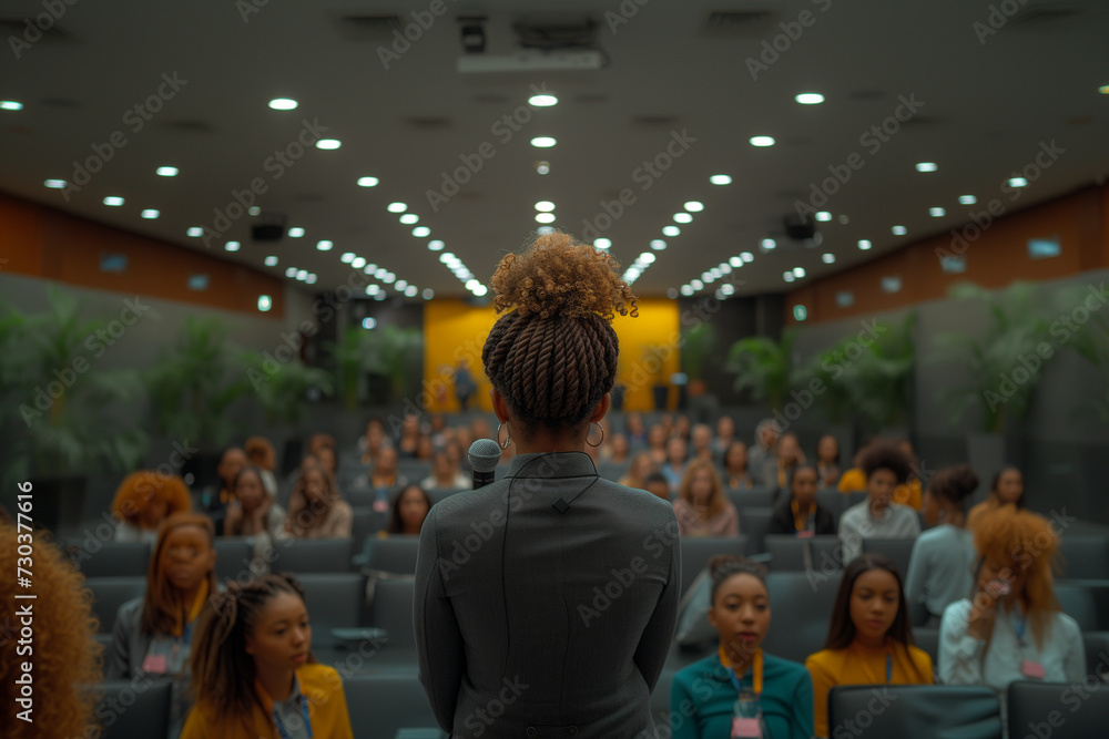 Young African American girl talking to business people