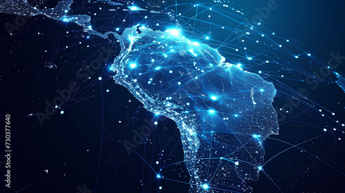 Abstract digital map of South America, South American global network concept and connectivity, data transfer and cyber technology, information exchange and telecommunications.