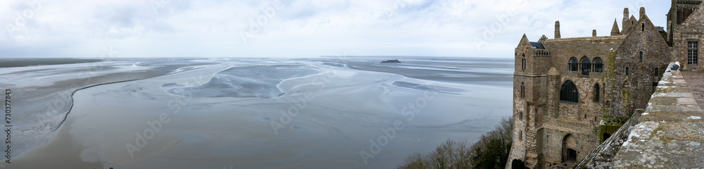 Panorama from Abbey Mont Saint Michel at low tide with Clouds