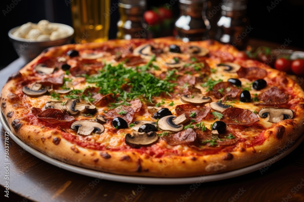 Warm and delicious pizza is on the table ready to be served to you. Warm and delicious pizza is on the table ready to be served to you.
