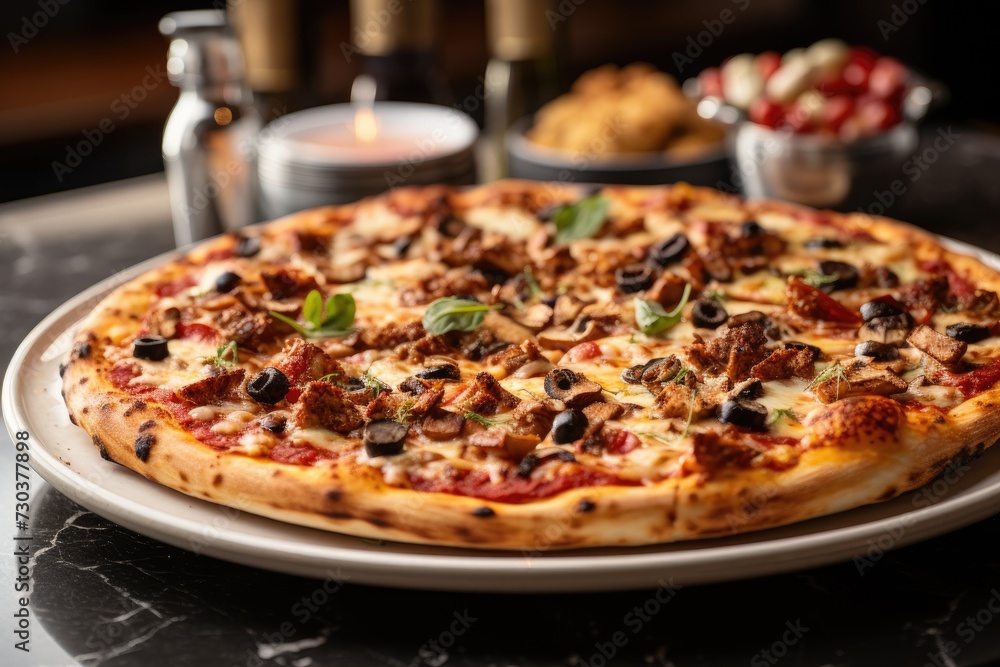 Warm and delicious pizza is on the table ready to be served to you.