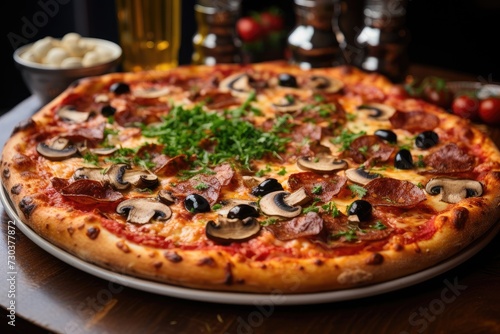 Warm and delicious pizza is on the table ready to be served to you.