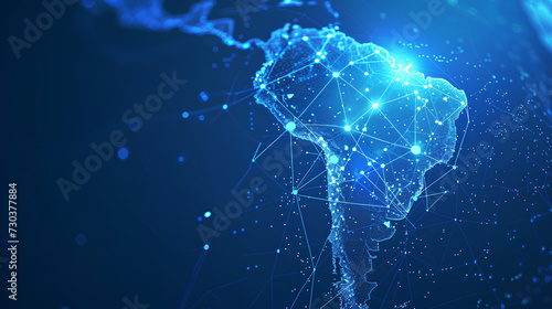 Abstract digital map of South America, South American global network concept and connectivity, data transfer and cyber technology, information exchange and telecommunications.