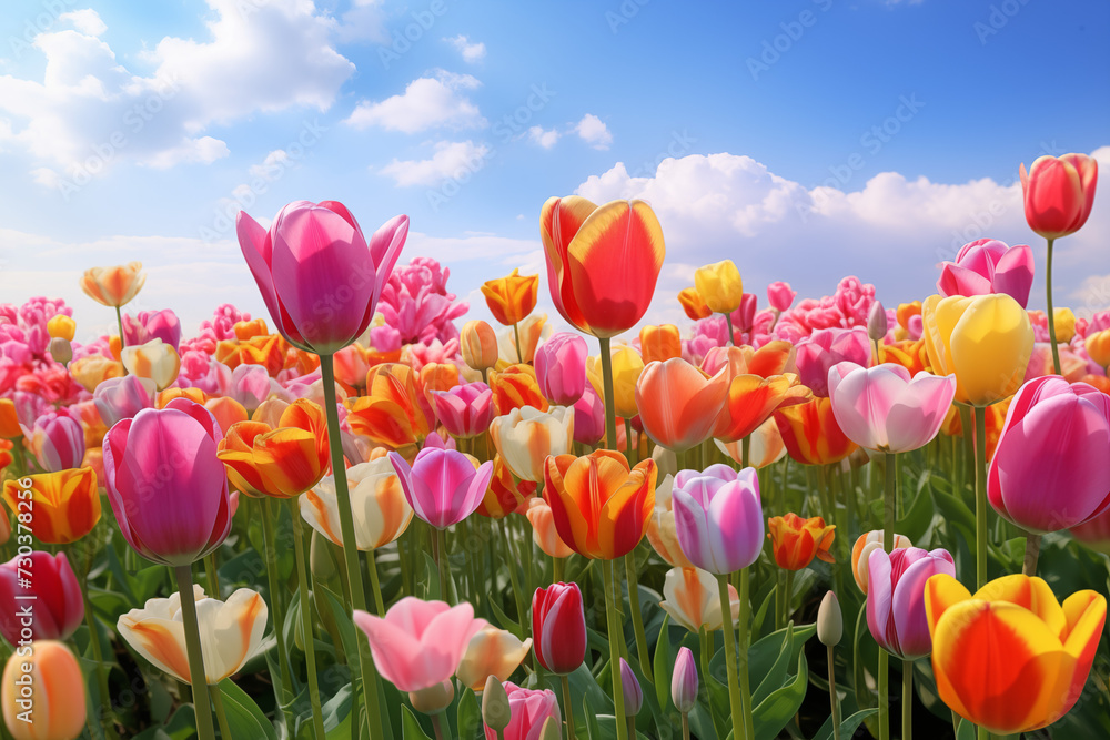 field of colorfull Tulips close up with a bright blue sky netherlands flower backdrop screensaver field valentines day print poster