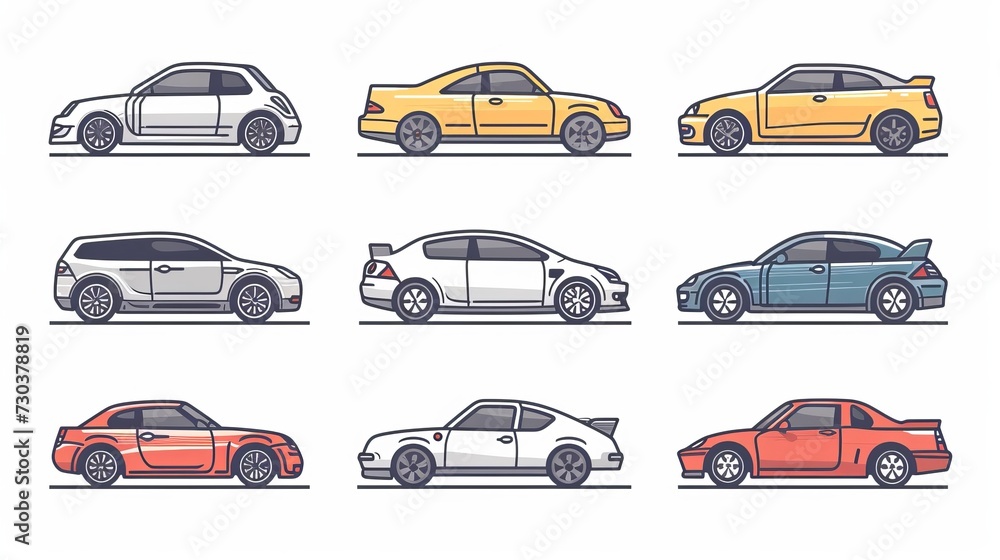Linear style vector illustration of a set of car icons