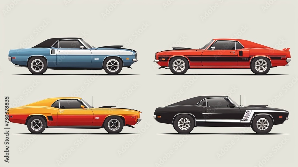Vector set featuring muscle cars from the 1970s