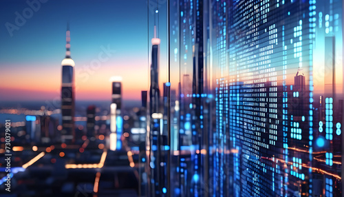 Futuristic smart city with digital binary data abstract background
