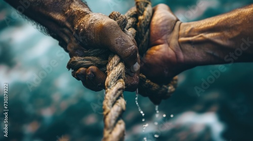 A close-up image capturing a human hand firmly gripping a rope photo