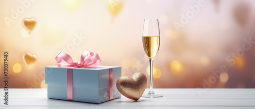 caja regalo envuelta con lazo rosa, junto a un pequeño corazón dorado y copa de champan sobre superficie de madera blanca, sobre fondo dorado desenfocado bokeh