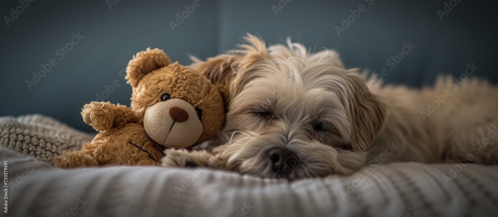 Wishing a peaceful sleep and sweet dreams to the little dog with its toy friend Teddy bear. Wishing a peaceful sleep and sweet dreams to the little dog with its toy friend Teddy bear.