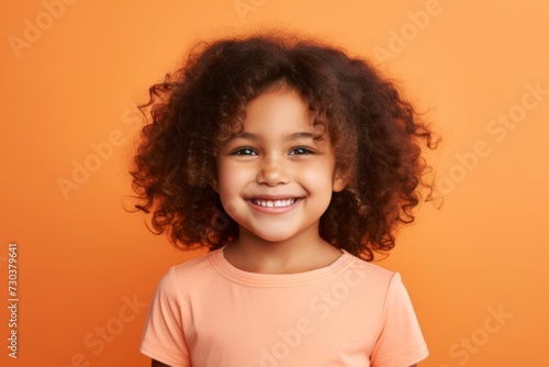 smiling african american little girl with curly hair on orange background © Iigo