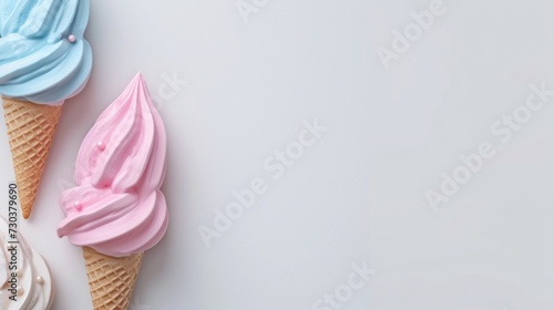 Ice cream dessert flatlay in a cone for summer, birthday, party, product mockup scene creator and text background