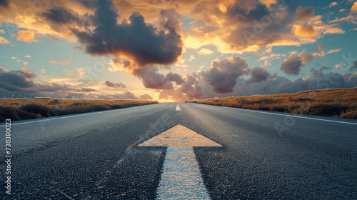 A conceptual image featuring an asphalt road with a direction arrow, symbolizing the idea of choosing a path or direction photo