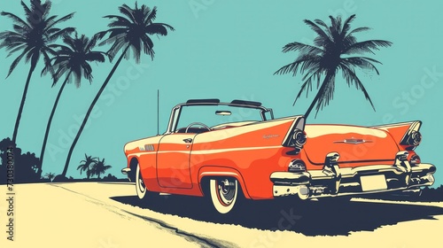 Retro clip art depicting a convertible cruising scene photo